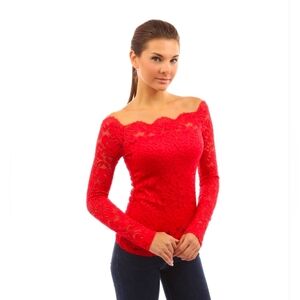 PattyBoutik Red Lace Off-Shoulder Blouse Size XL New